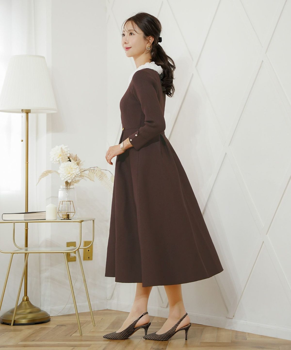 ワンピース 襟 花 長袖 きれいめ エレガント フェミニン 上品 ブルーグレー ブラウン ネイビー ブラック