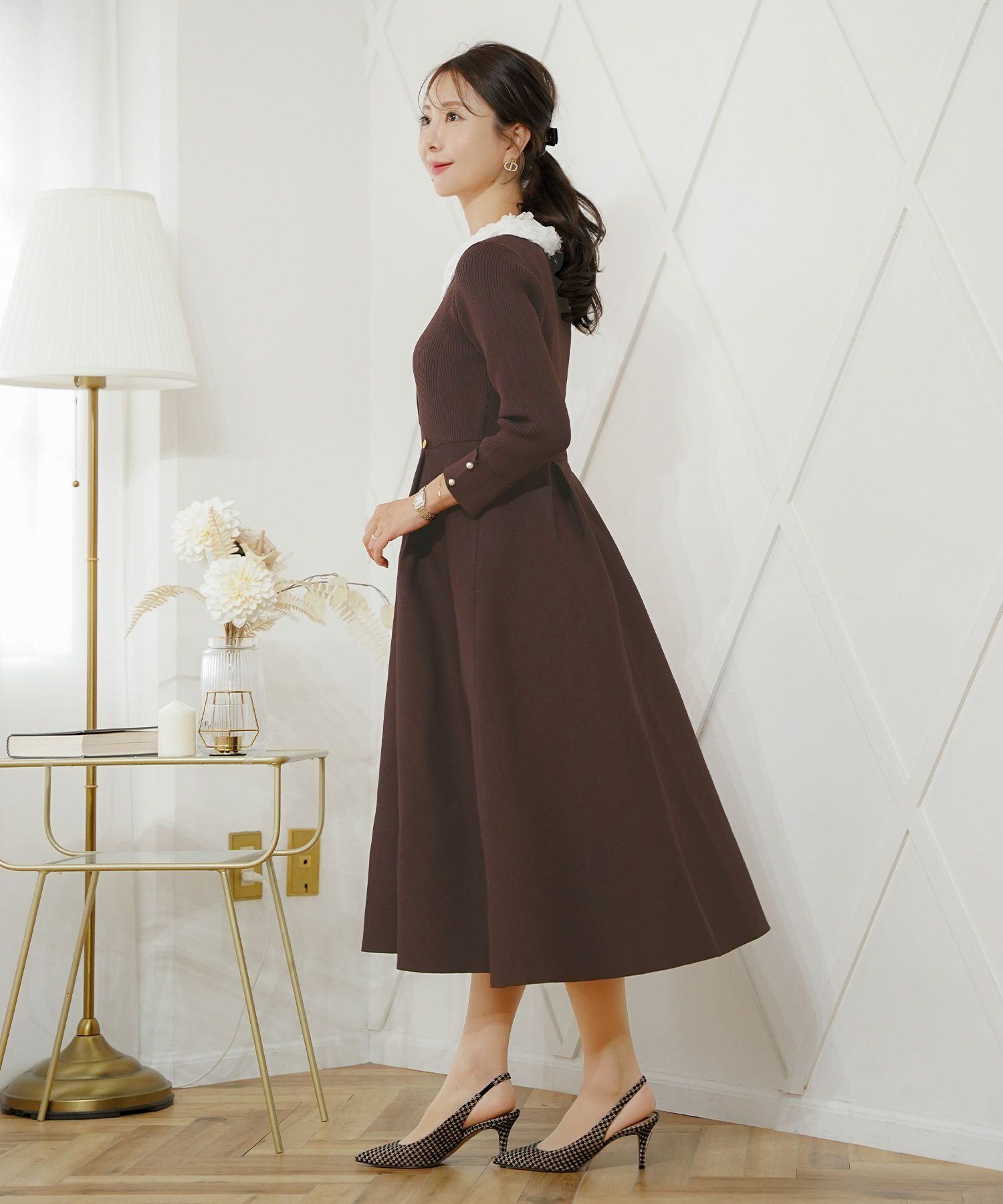 ワンピース 襟 花 長袖 きれいめ エレガント フェミニン 上品 ブルーグレー ブラウン ネイビー ブラック