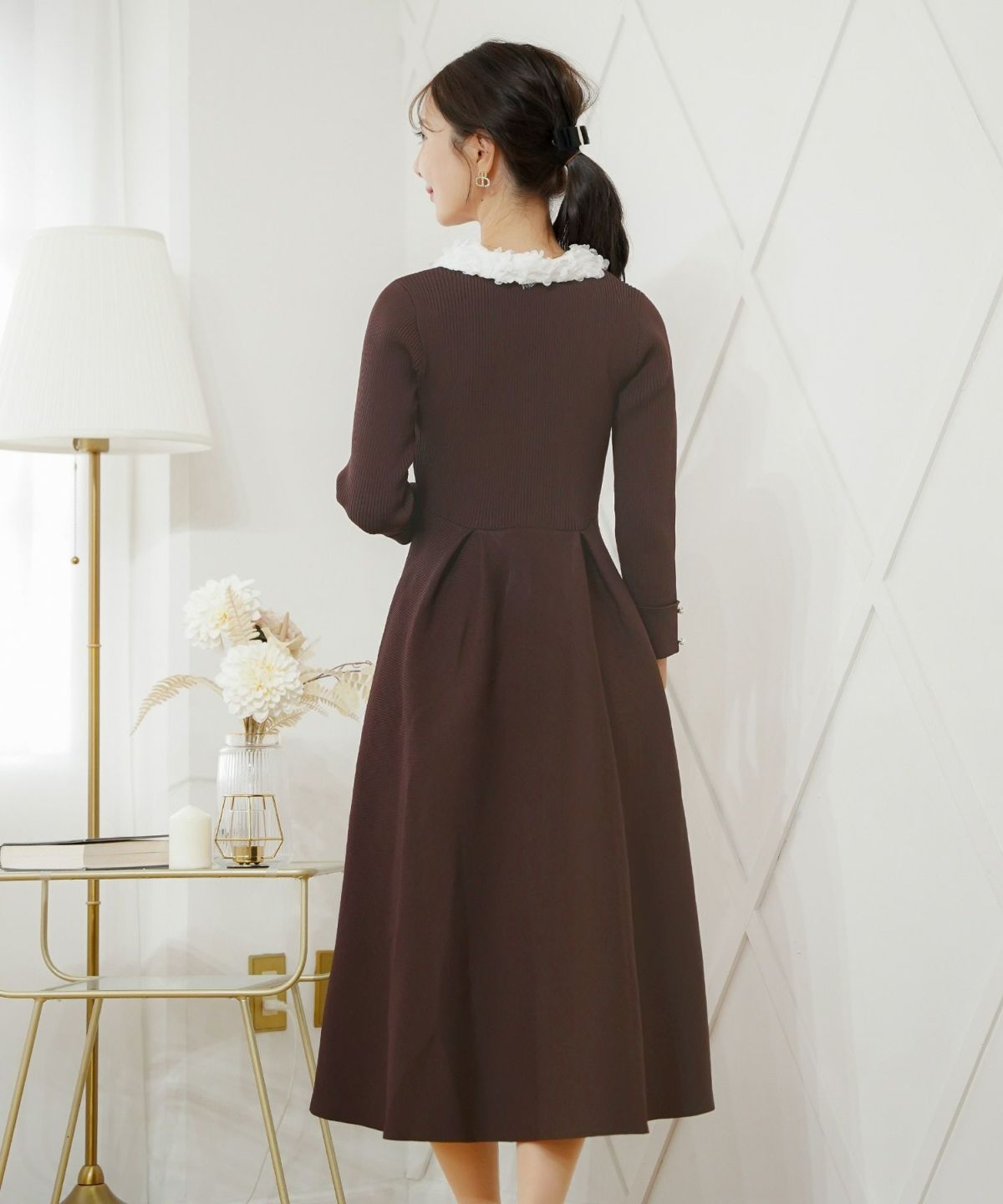 ワンピース 襟 花 長袖 きれいめ エレガント フェミニン 上品 ブルーグレー ブラウン ネイビー ブラック