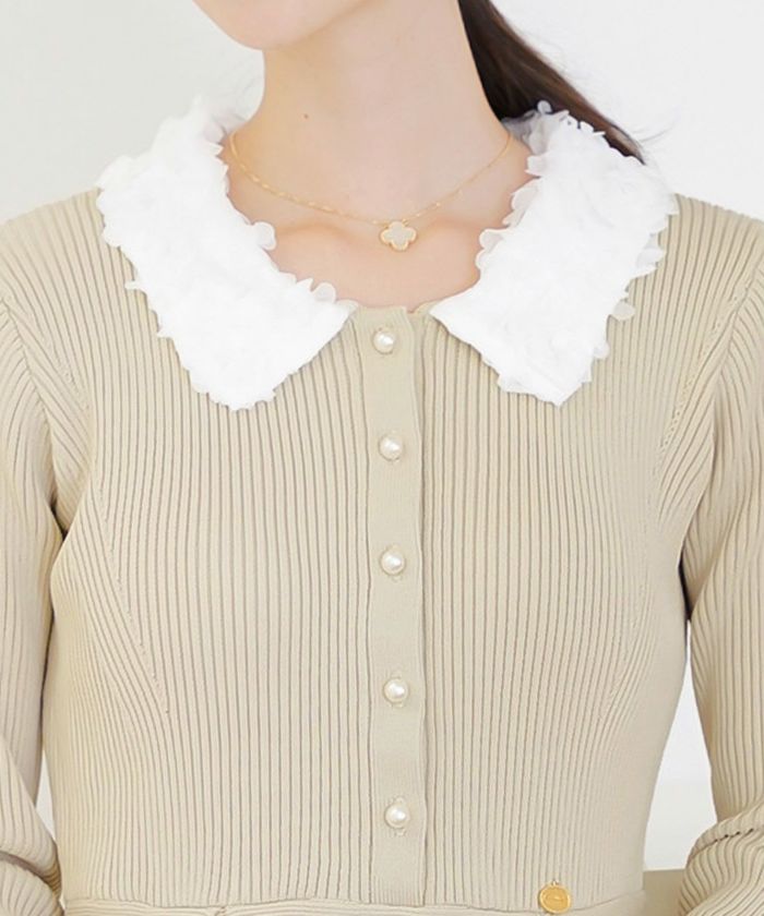 ワンピース 襟 花 長袖 きれいめ エレガント フェミニン 上品 ブルーグレー ブラウン ネイビー ブラック エクリュ 新色 フレア ニット 産前産後 オケージョン