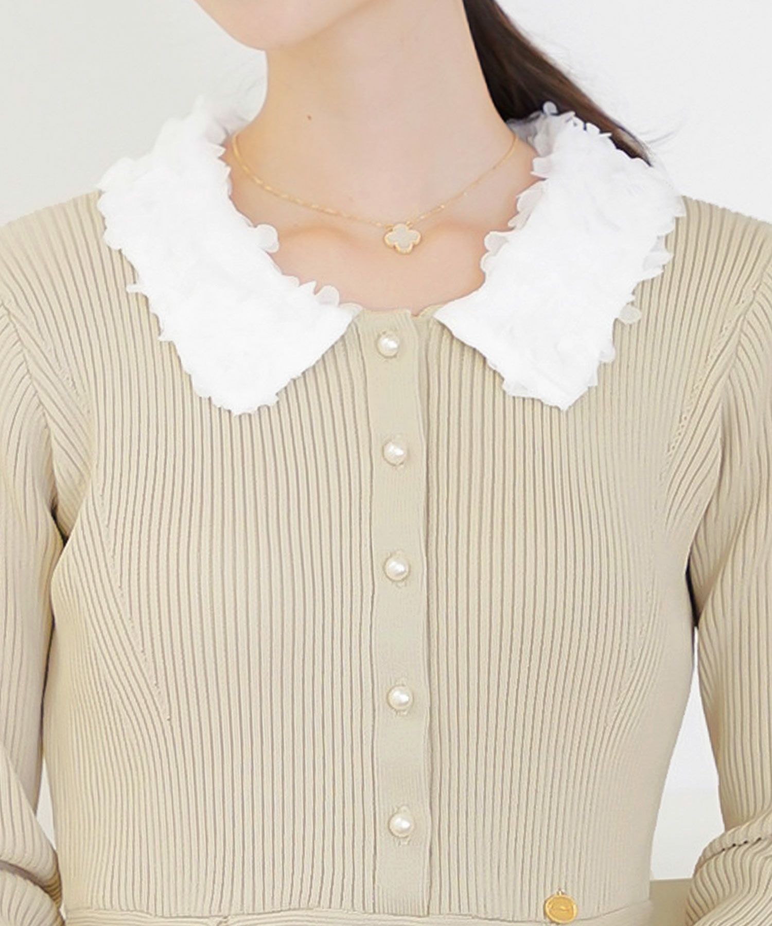 ワンピース 襟 花 長袖 きれいめ エレガント フェミニン 上品 ブルーグレー ブラウン ネイビー ブラック