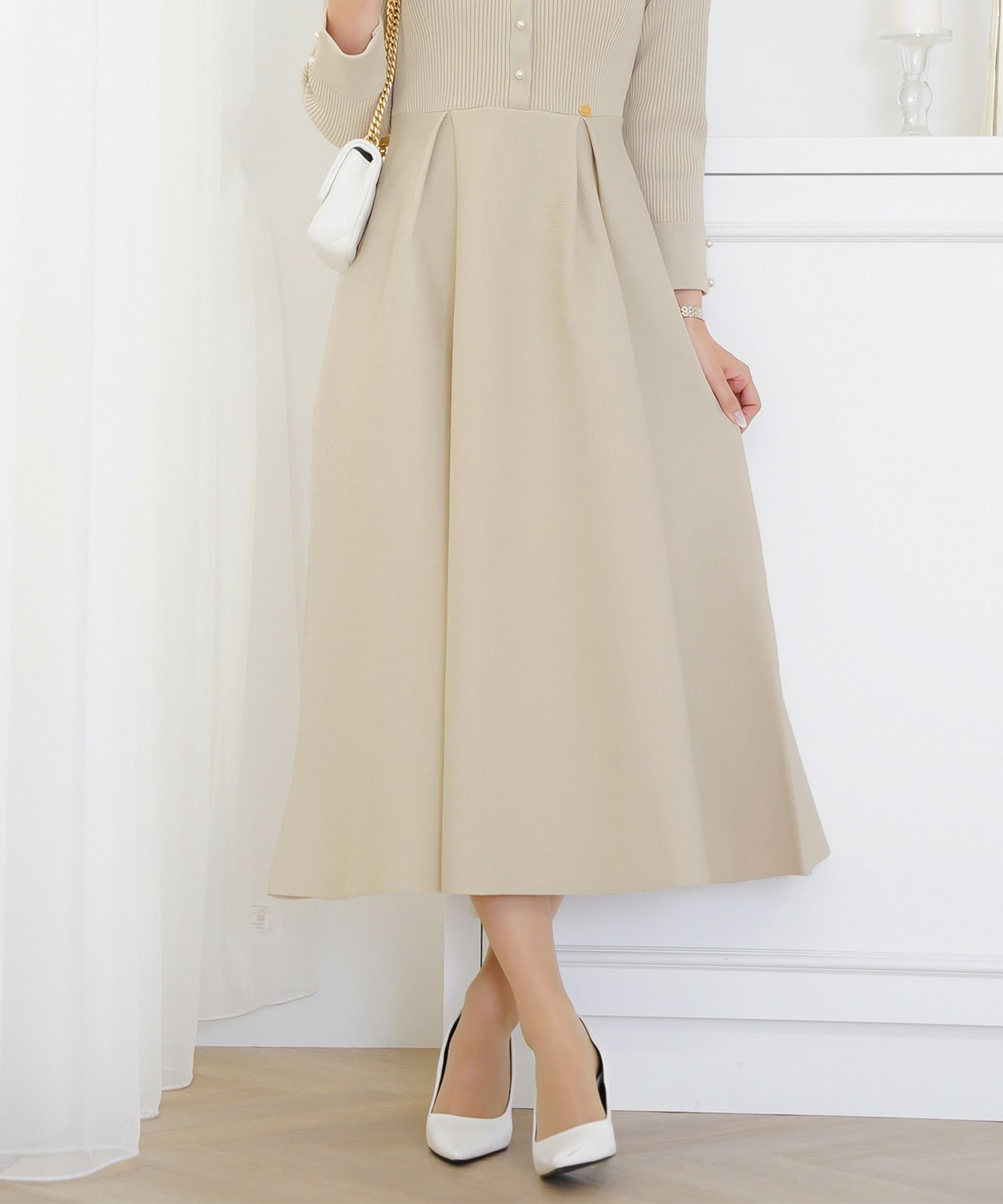 ワンピース 襟 花 長袖 きれいめ エレガント フェミニン 上品 ブルーグレー ブラウン ネイビー ブラック