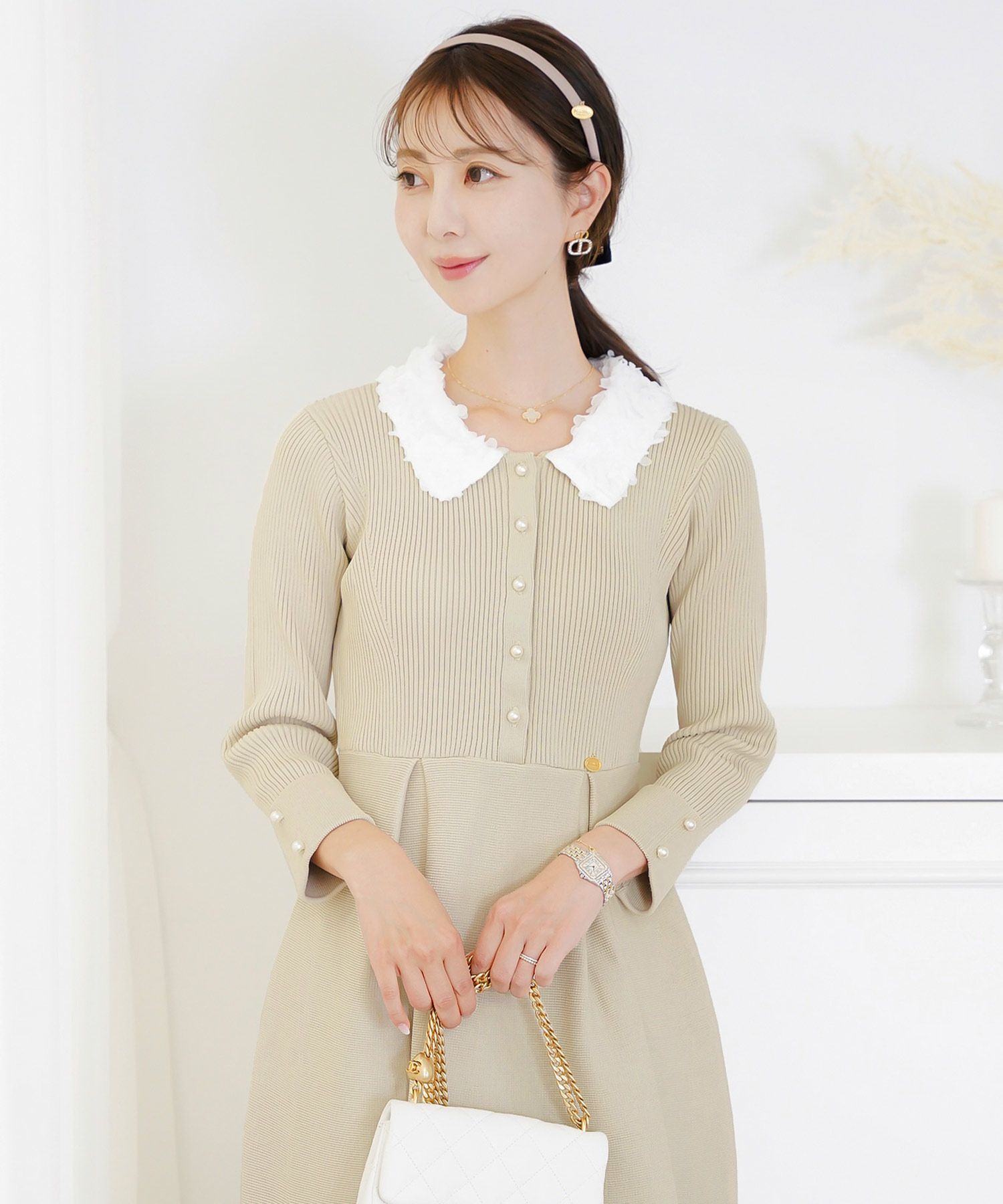 ワンピース 襟 花 長袖 きれいめ エレガント フェミニン 上品 ブルーグレー ブラウン ネイビー ブラック