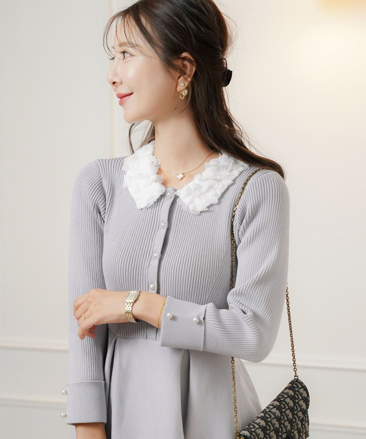 ワンピース 襟 花 長袖 きれいめ エレガント フェミニン 上品 ブルーグレー ブラウン ネイビー ブラック