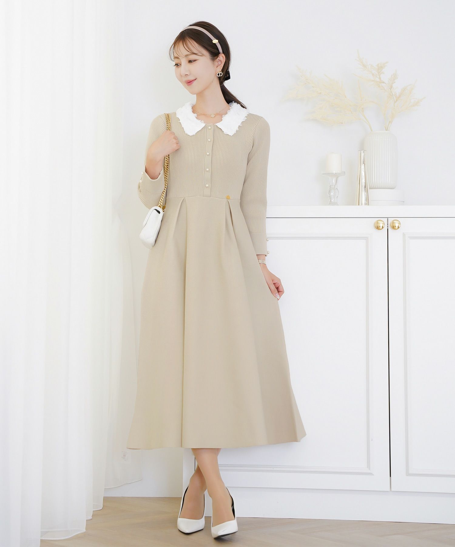 ワンピース 襟 花 長袖 きれいめ エレガント フェミニン 上品 ブルーグレー ブラウン ネイビー ブラック