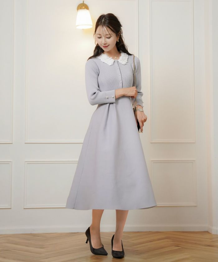 ワンピース 襟 花 長袖 きれいめ エレガント フェミニン 上品 ブルーグレー ブラウン ネイビー ブラック エクリュ 新色 フレア ニット 産前産後 オケージョン