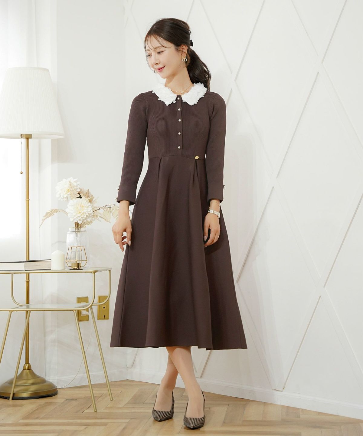 ワンピース 襟 花 長袖 きれいめ エレガント フェミニン 上品 ブルーグレー ブラウン ネイビー ブラック