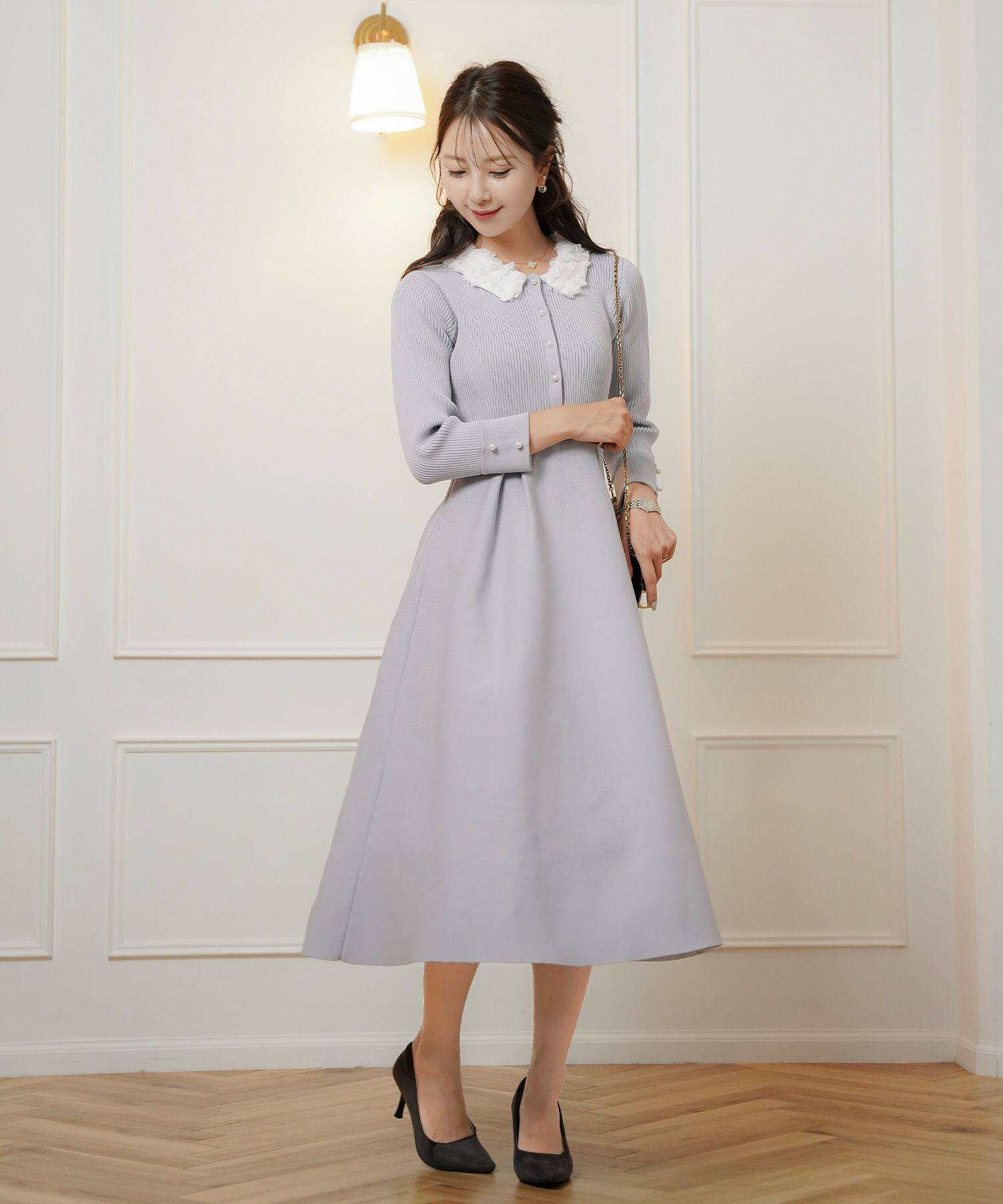 ワンピース 襟 花 長袖 きれいめ エレガント フェミニン 上品 ブルーグレー ブラウン ネイビー ブラック エクリュ 新色 フレア ニット 産前産後 オケージョン