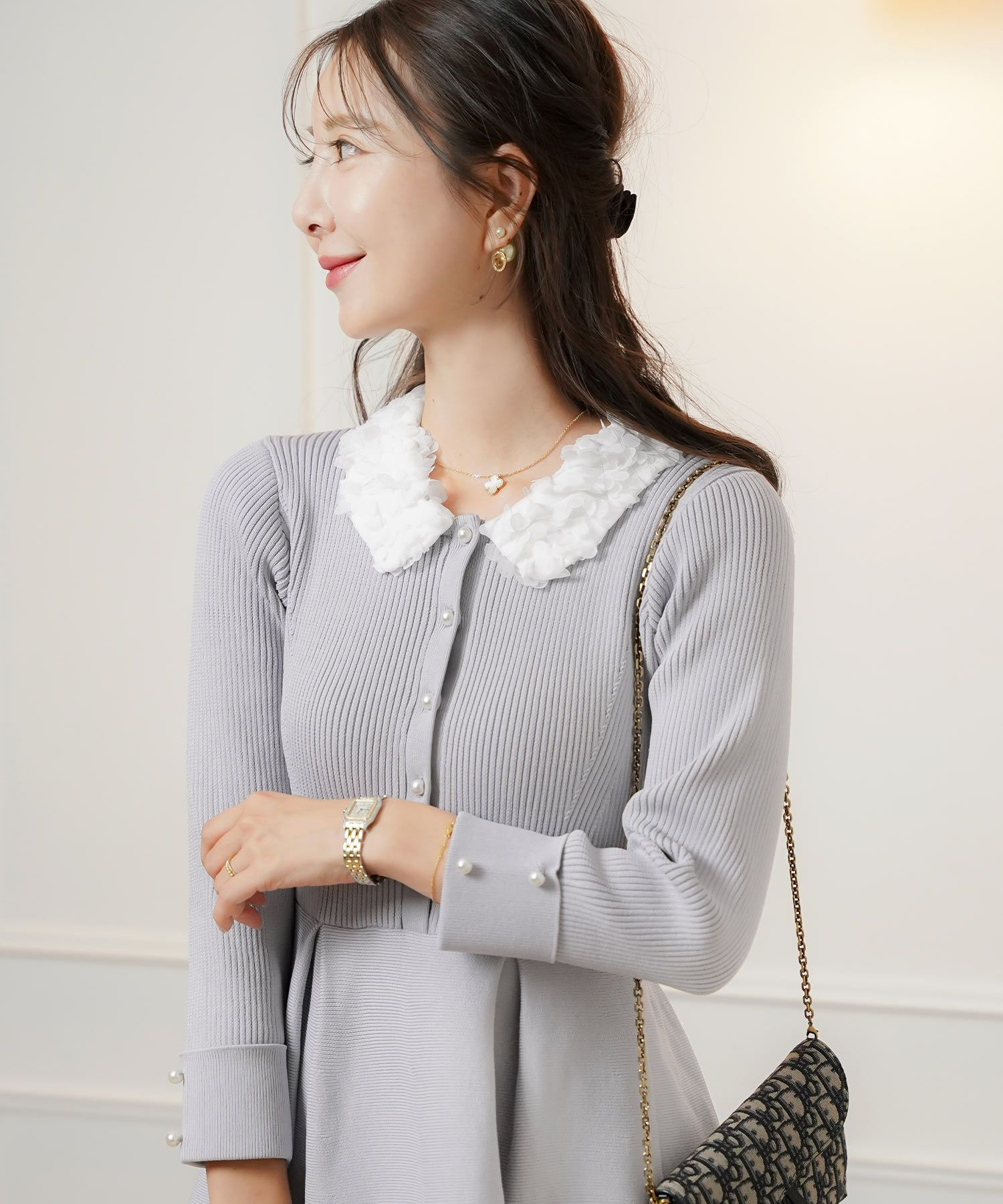 ワンピース 襟 花 長袖 きれいめ エレガント フェミニン 上品 ブルーグレー ブラウン ネイビー ブラック