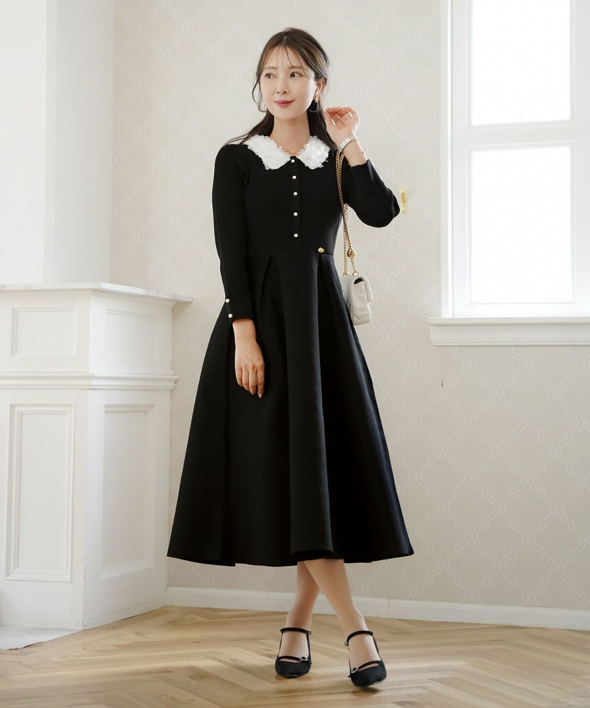 ワンピース 襟 花 長袖 きれいめ エレガント フェミニン 上品 ブルーグレー ブラウン ネイビー ブラック