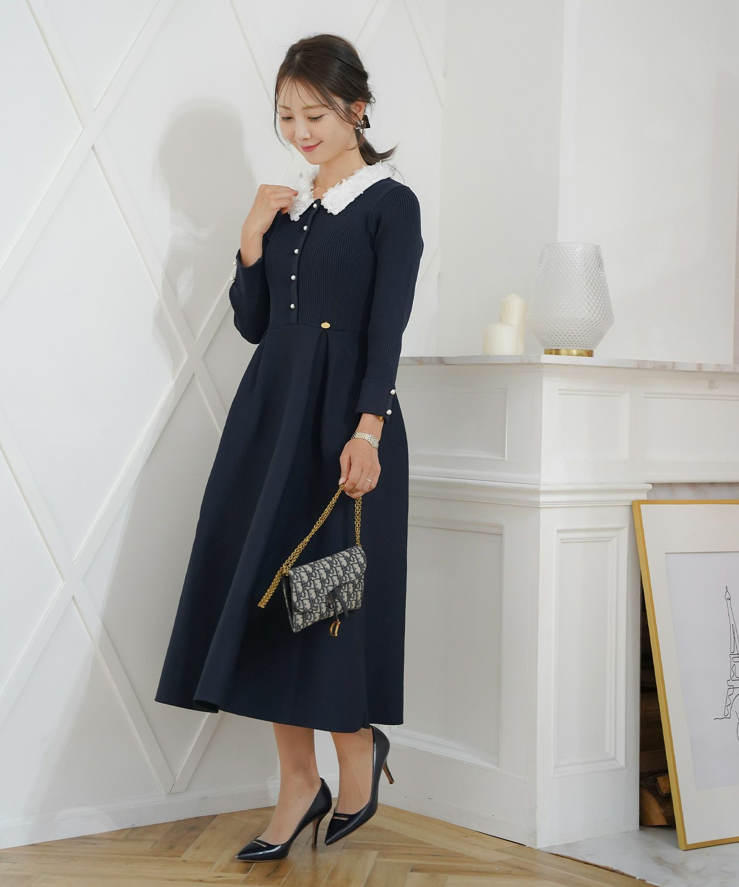 ワンピース 襟 花 長袖 きれいめ エレガント フェミニン 上品 ブルーグレー ブラウン ネイビー ブラック エクリュ 新色 フレア ニット 産前産後 オケージョン