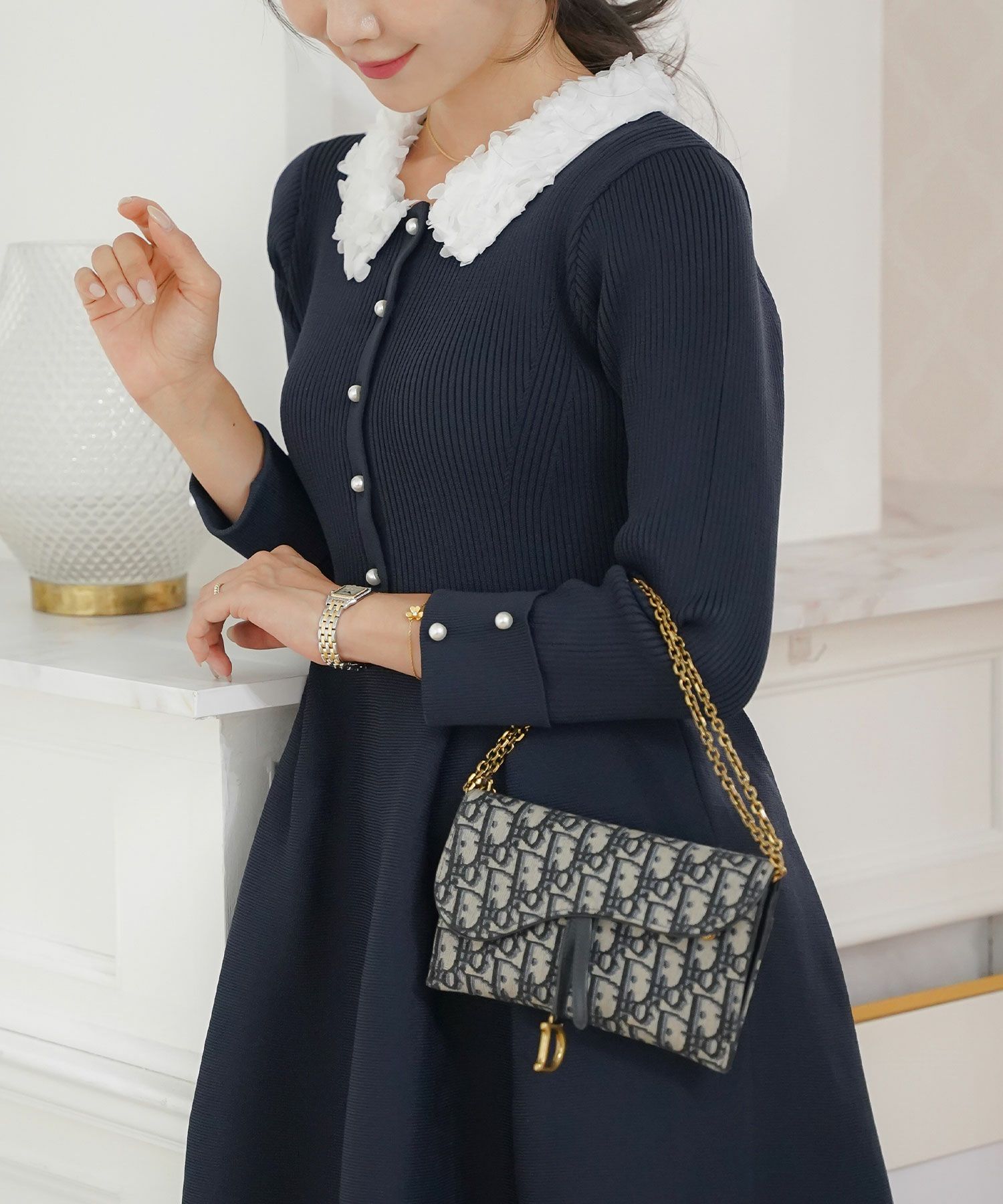 ワンピース 襟 花 長袖 きれいめ エレガント フェミニン 上品 ブルーグレー ブラウン ネイビー ブラック