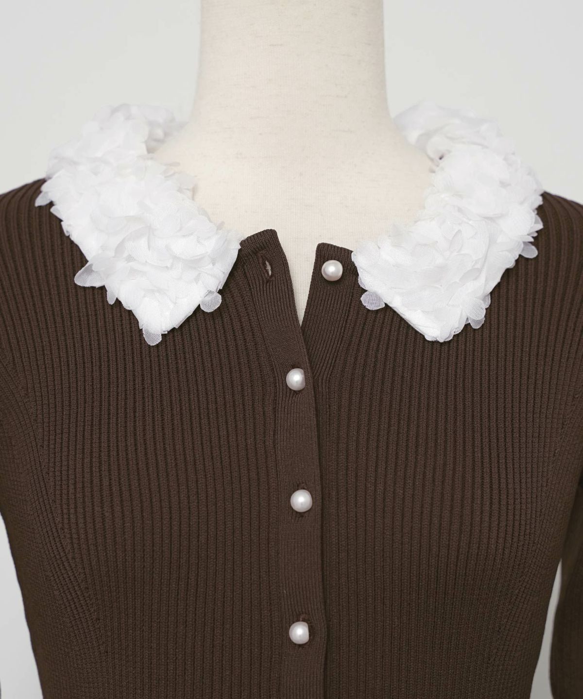 ワンピース 襟 花 長袖 きれいめ エレガント フェミニン 上品 ブルーグレー ブラウン ネイビー ブラック