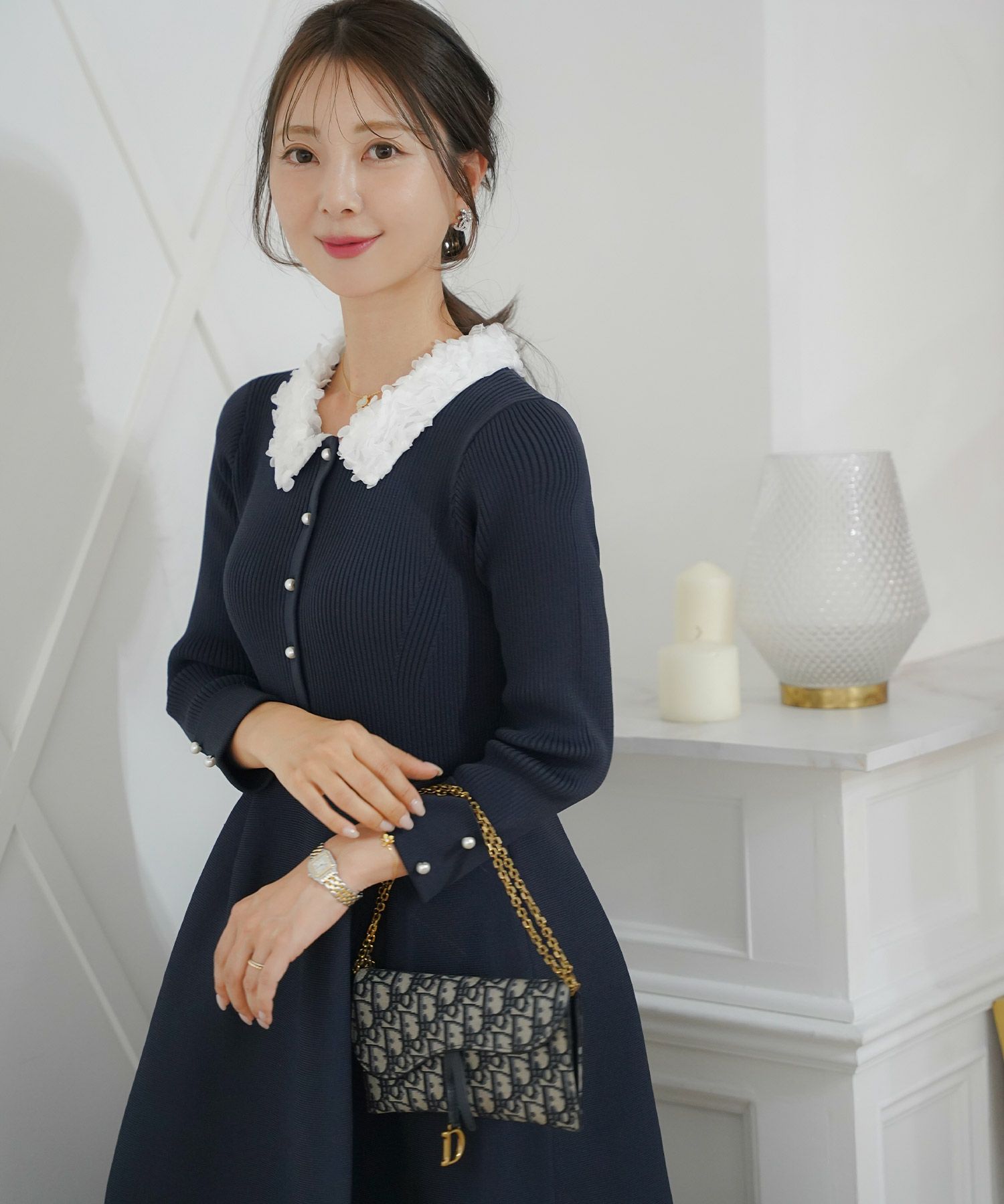 ワンピース 襟 花 長袖 きれいめ エレガント フェミニン 上品 ブルーグレー ブラウン ネイビー ブラック