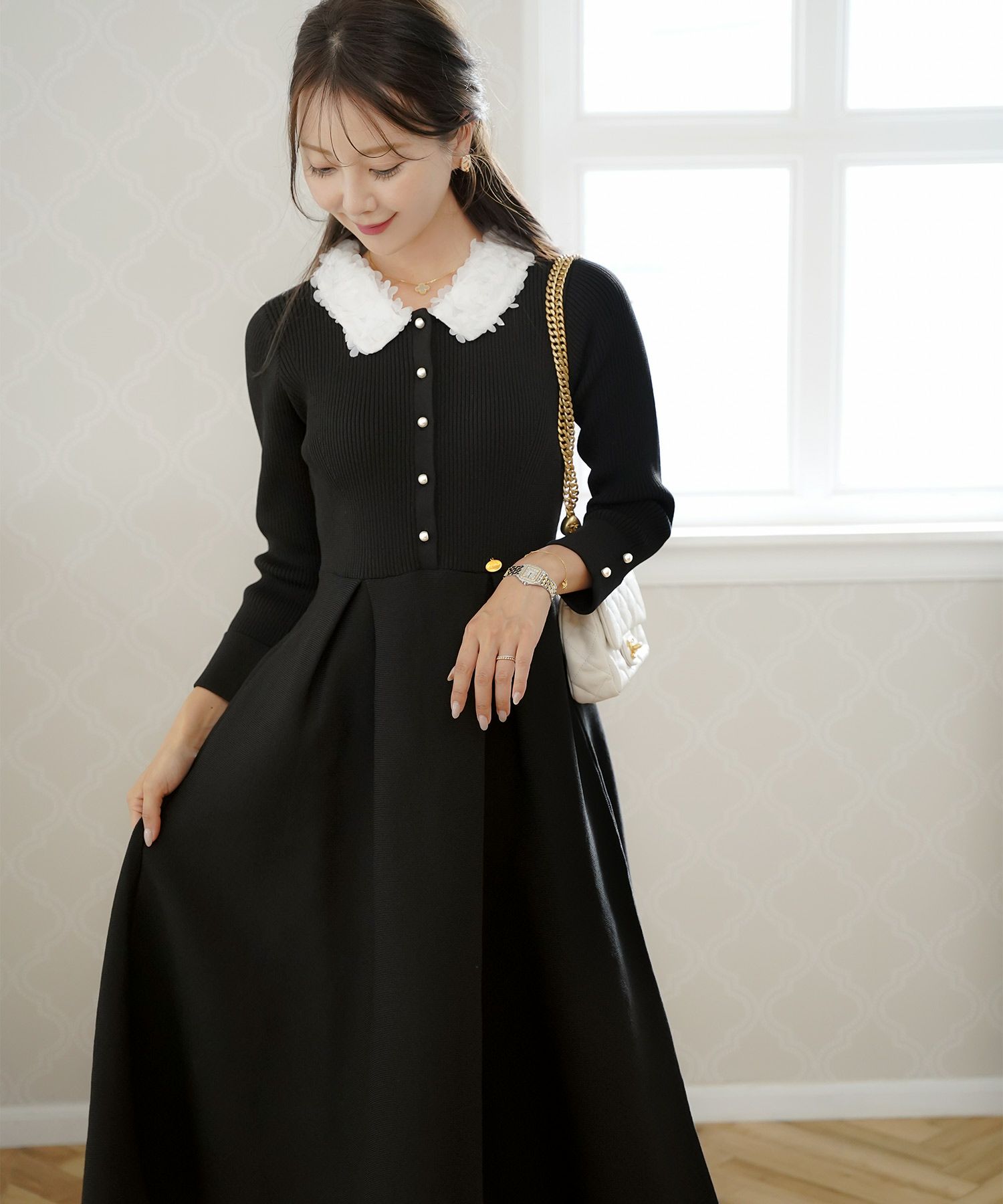 ワンピース 襟 花 長袖 きれいめ エレガント フェミニン 上品 ブルーグレー ブラウン ネイビー ブラック エクリュ 新色 フレア ニット 産前産後 オケージョン