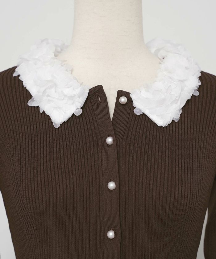 ワンピース 襟 花 長袖 きれいめ エレガント フェミニン 上品 ブルーグレー ブラウン ネイビー ブラック エクリュ 新色 フレア ニット 産前産後 オケージョン