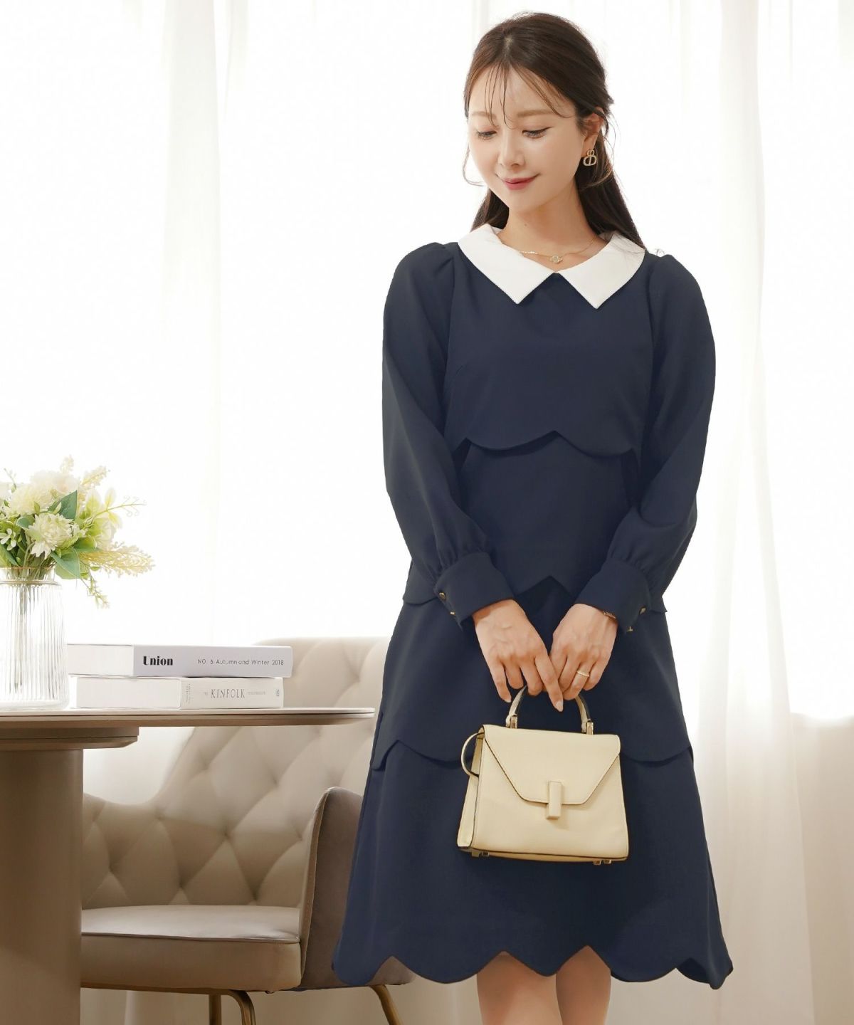 入園式 入学式 卒園式 卒業式 七五三 セレモニー フォーマル ドレス 襟付き スカラップ ティアード きれいめ レディース 大人可愛い 上品 クラシカル 清楚 華やか 長袖 春 秋 冬 低身長 高身長 サイズ展開 ママコーデ 親子行事