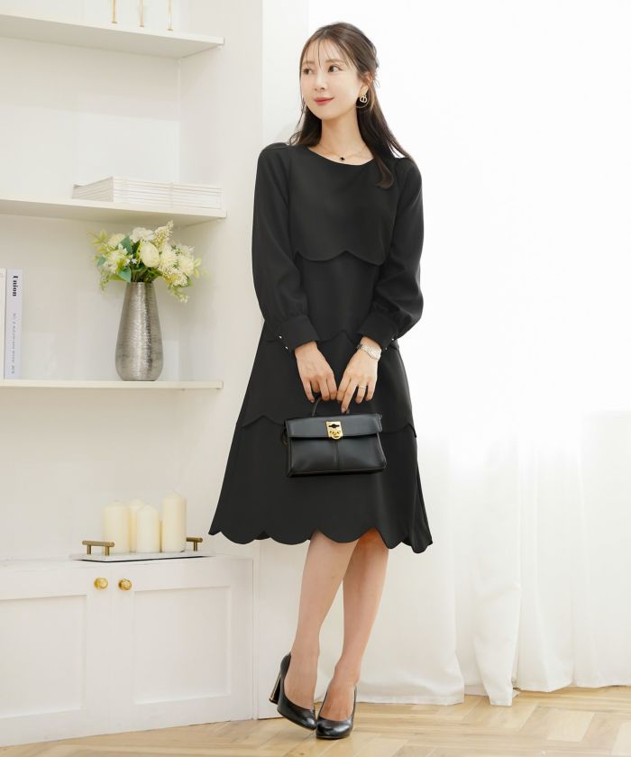 入園式 入学式 卒園式 卒業式 七五三 セレモニー フォーマル ドレス 襟付き スカラップ ティアード きれいめ レディース 大人可愛い 上品 クラシカル 清楚 華やか 長袖 春 秋 冬 低身長 高身長 サイズ展開 ママコーデ 親子行事