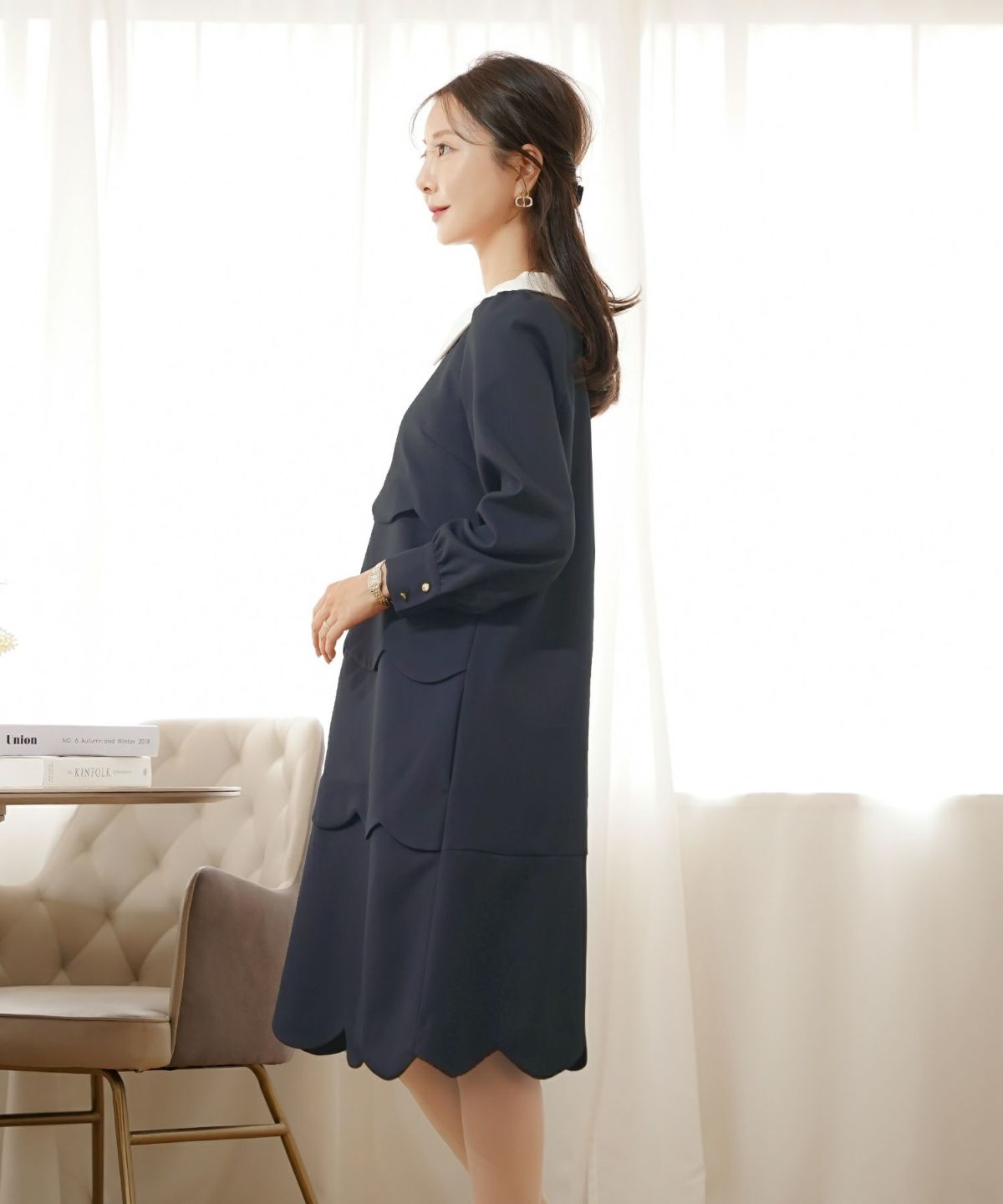 入園式 入学式 卒園式 卒業式 七五三 セレモニー フォーマル ドレス 襟付き スカラップ ティアード きれいめ レディース 大人可愛い 上品 クラシカル 清楚 華やか 長袖 春 秋 冬 低身長 高身長 サイズ展開 ママコーデ 親子行事