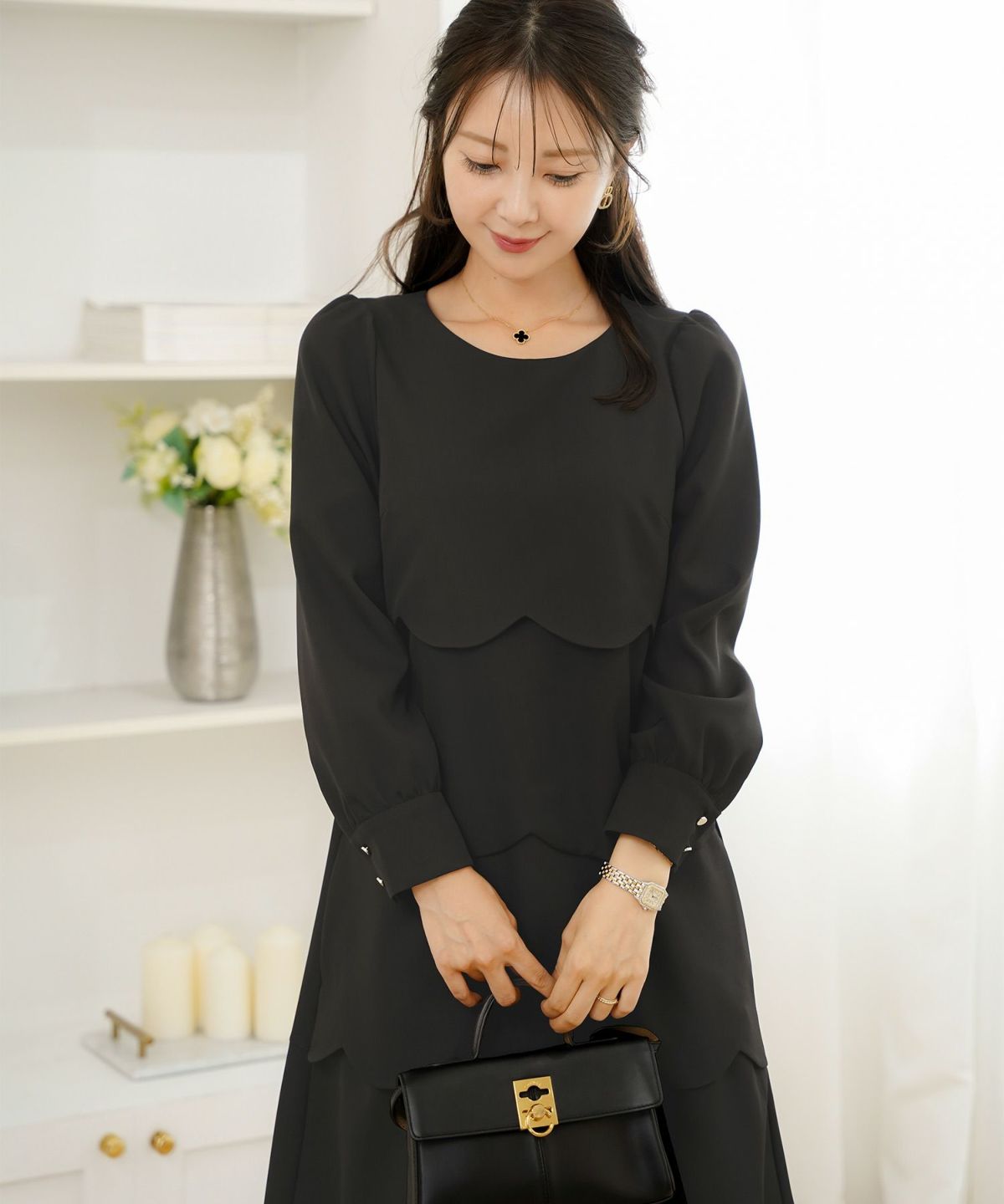 入園式 入学式 卒園式 卒業式 七五三 セレモニー フォーマル ドレス 襟付き スカラップ ティアード きれいめ レディース 大人可愛い 上品 クラシカル 清楚 華やか 長袖 春 秋 冬 低身長 高身長 サイズ展開 ママコーデ 親子行事