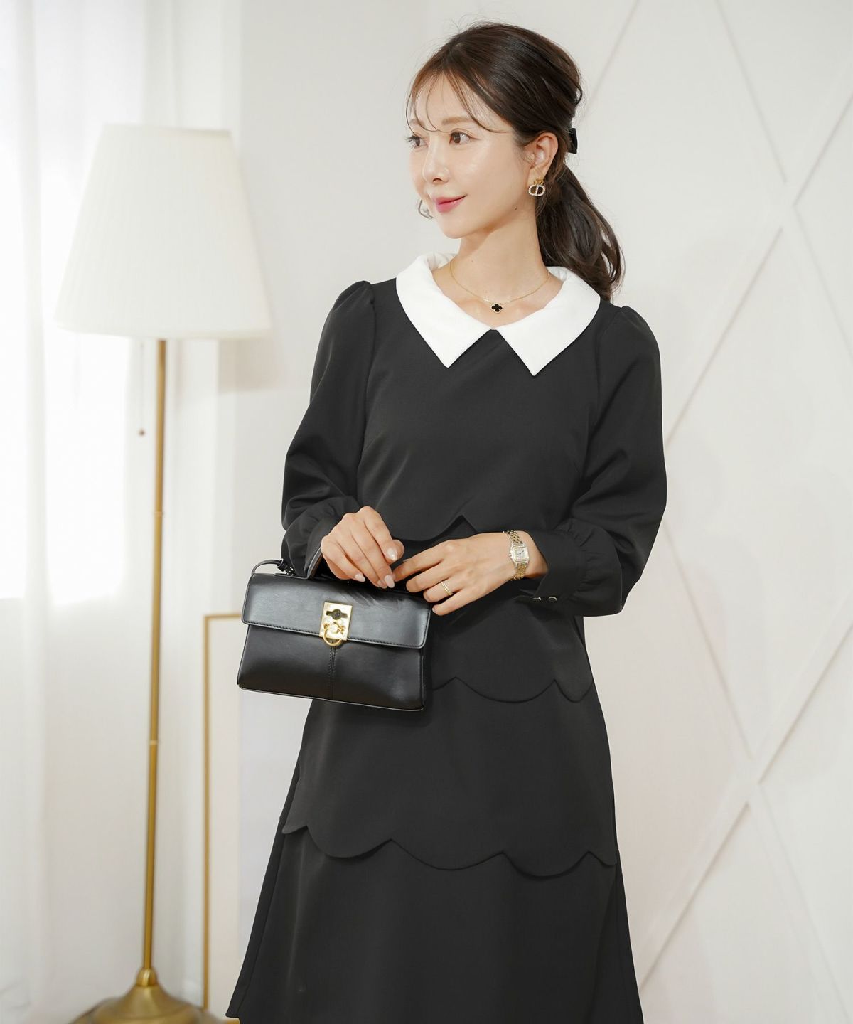 入園式 入学式 卒園式 卒業式 七五三 セレモニー フォーマル ドレス 襟付き スカラップ ティアード きれいめ レディース 大人可愛い 上品 クラシカル 清楚 華やか 長袖 春 秋 冬 低身長 高身長 サイズ展開 ママコーデ 親子行事