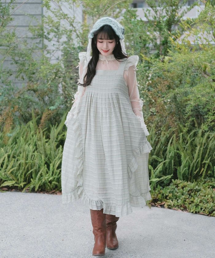 極美品♡ 【ストレッチシフォン】マスタード×ネイビー フリルワンピース サイズ7 セール】 【kazumi×Samansa Mos2】フリルカラーワンピース（ブラック