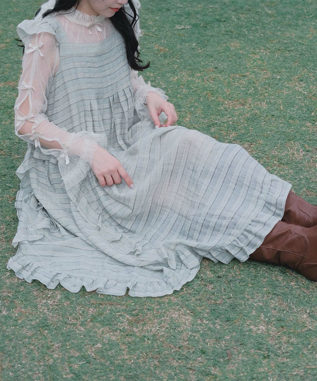 スカラップ フリル アシメ ワンピース miolite ネイビー カーキ