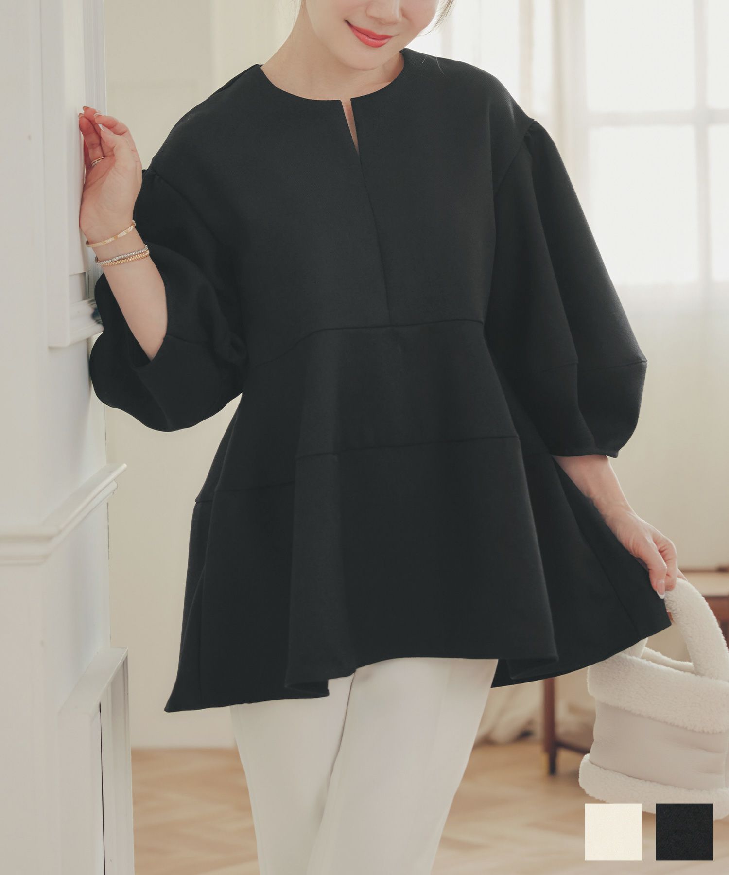 ランタンスリーブ スリットネック ブラウス Liala×PG