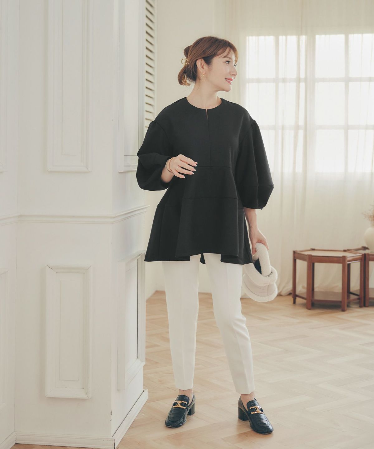 手洗い可 オフィス オケージョン シンプル かわいい きれいめ おしゃれ 白 黒 アンチピリング 日本製 体型カバー ジョイントスペース