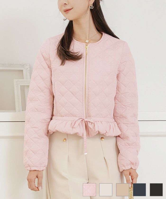 レデイース アウター キルティング インナーダウン ショート丈 ダイヤ柄 オシャレ コート ダウン 中綿 ２WAY 上品 エレガント カワイイ ベージュ ピンク ネイビー ブラック ホワイト フリル リボン 低身長 ジャケット