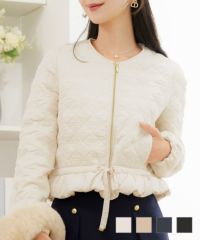 レデイース アウター キルティング インナーダウン ショート丈 ダイヤ柄 オシャレ コート ダウン 中綿 ２WAY 上品 エレガント カワイイ ベージュ ピンク ネイビー ブラック ホワイト フリル リボン 低身長 ジャケット