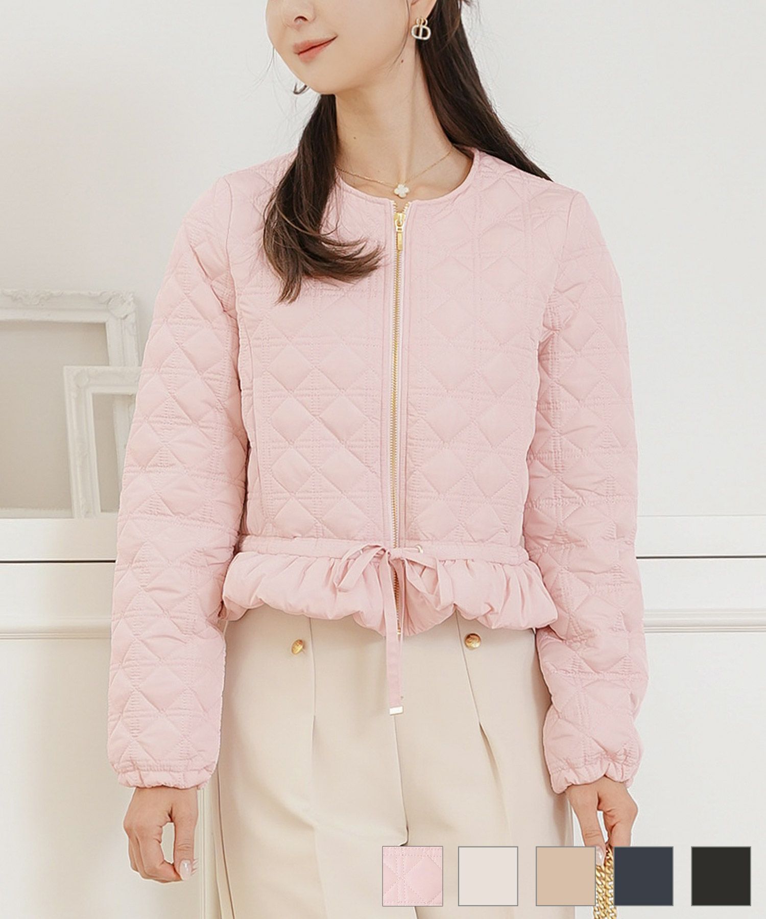 レデイース アウター キルティング インナーダウン ショート丈 ダイヤ柄 オシャレ コート ダウン 中綿 ２WAY 上品 エレガント カワイイ ベージュ ピンク ネイビー ブラック ホワイト フリル リボン 低身長 ジャケット