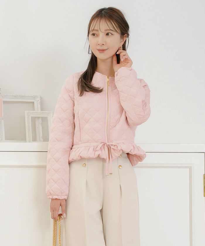 レデイース アウター キルティング ショート丈 ダイヤ柄 オシャレ 中綿 2WAY 上品 エレガント カワイイ ベージュ ピンク ネイビー ブラック ホワイト フリル リボン 低身長 ジャケット