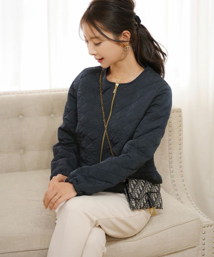 レデイース アウター キルティング ショート丈 ダイヤ柄 オシャレ 中綿 2WAY 上品 エレガント カワイイ ベージュ ピンク ネイビー ブラック ホワイト フリル リボン 低身長 ジャケット