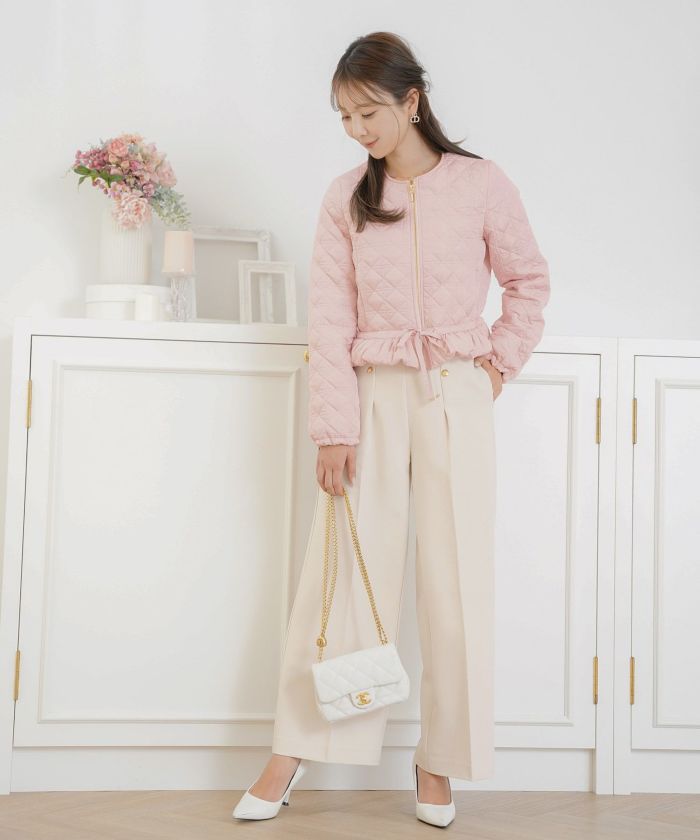 レデイース アウター キルティング ショート丈 ダイヤ柄 オシャレ 中綿 2WAY 上品 エレガント カワイイ ベージュ ピンク ネイビー ブラック ホワイト フリル リボン 低身長 ジャケット