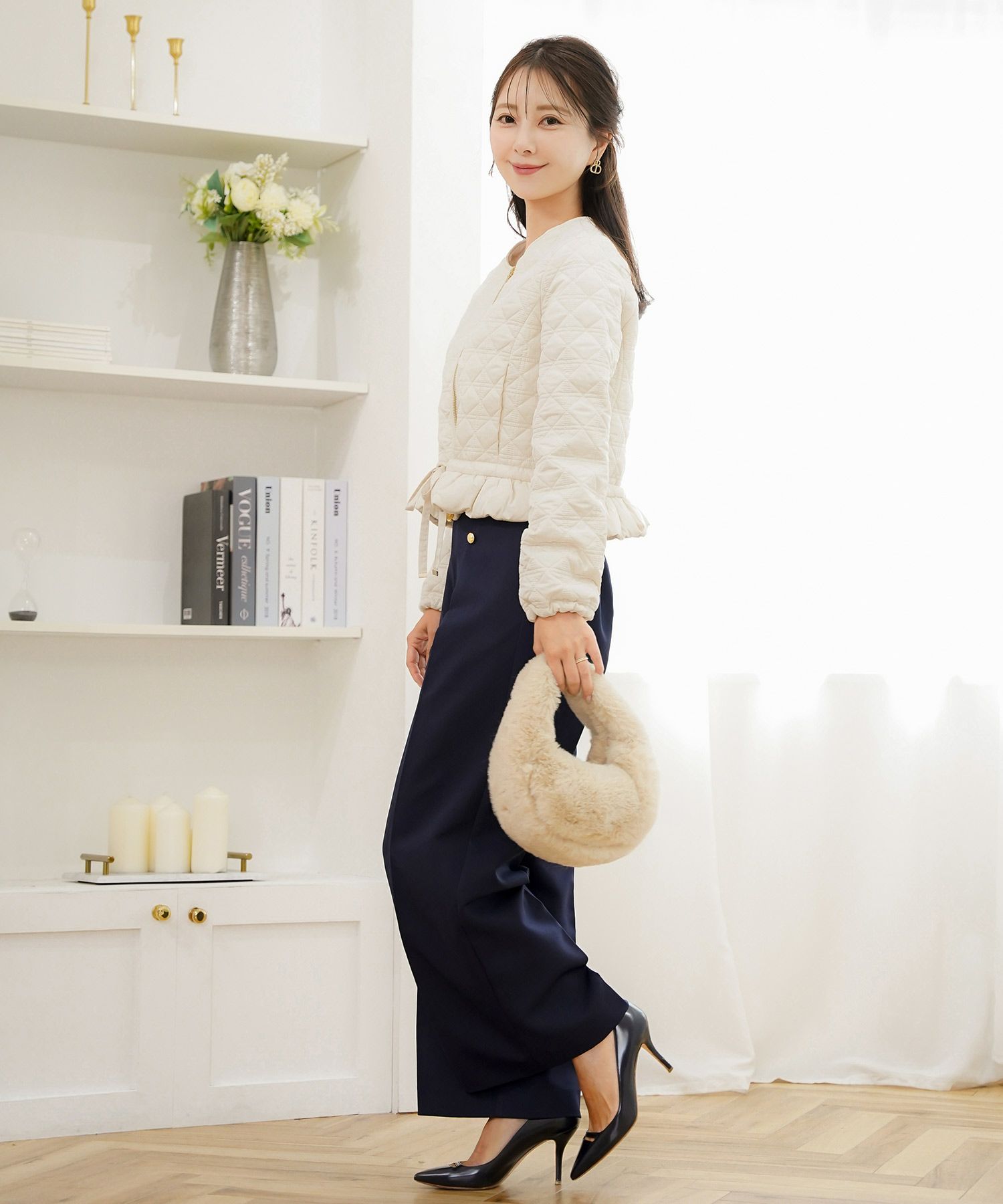 レデイース アウター キルティング ショート丈 ダイヤ柄 オシャレ 中綿 2WAY 上品 エレガント カワイイ ベージュ ピンク ネイビー ブラック ホワイト フリル リボン 低身長 ジャケット