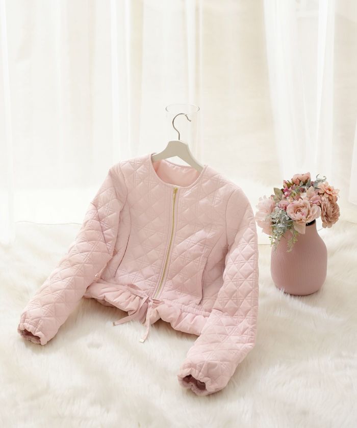 レデイース アウター キルティング ショート丈 ダイヤ柄 オシャレ 中綿 2WAY 上品 エレガント カワイイ ベージュ ピンク ネイビー ブラック ホワイト フリル リボン 低身長 ジャケット