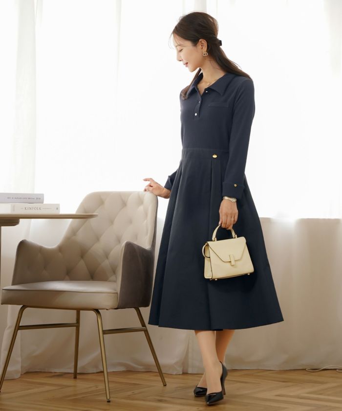 ワンピース フィット&フレア 長袖 カットソー タフタ 異素材 ドッキング 襟 ポロ フレア ゴムウエスト ポケット ブラウン モカ ピンク ブラック キャメル ネイビー 20代 30代 上品 エレガント フェミニン カジュアル  デイリー 配色