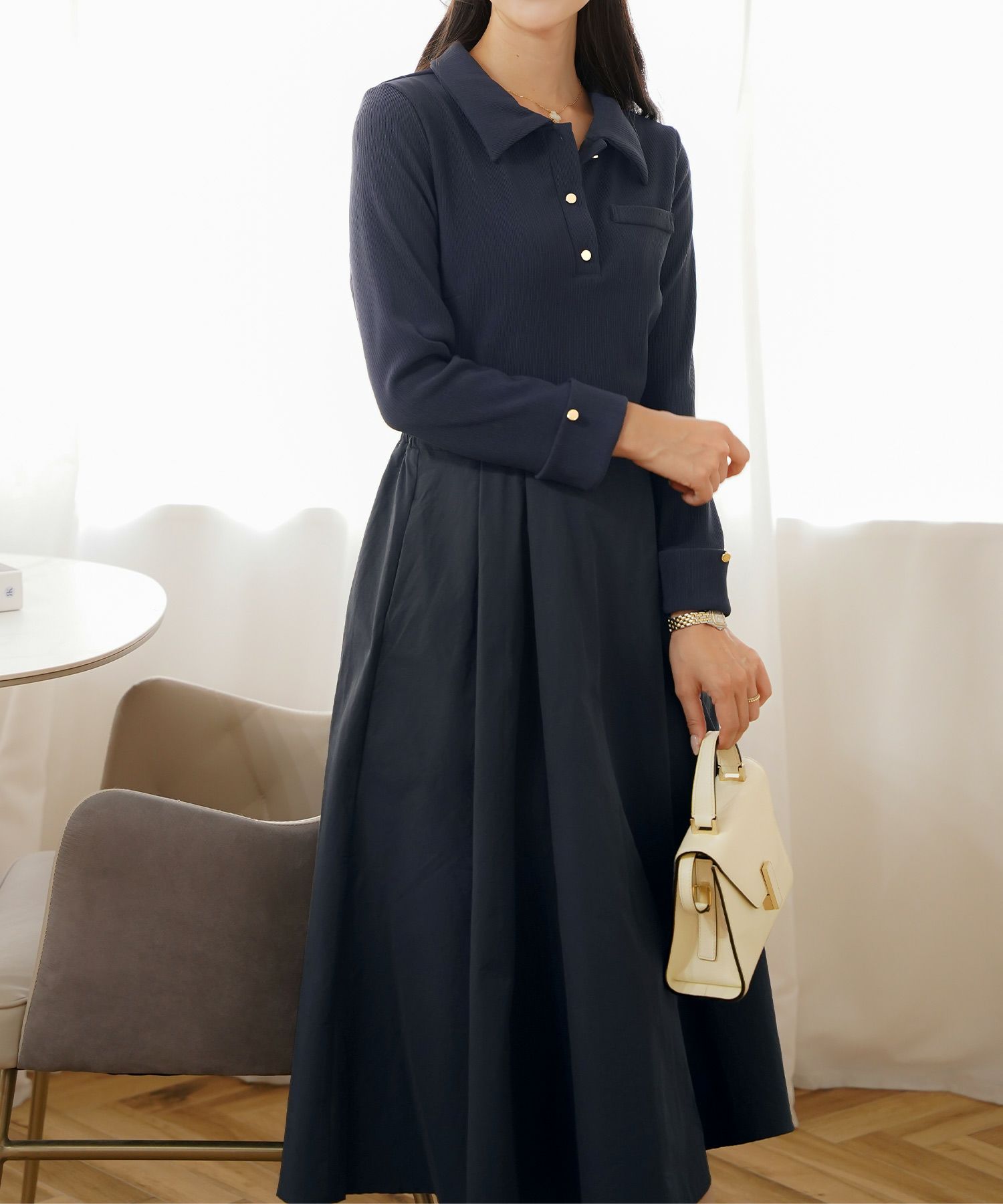 ワンピース フィット&フレア 長袖 カットソー タフタ 異素材 ドッキング 襟 ポロ フレア ゴムウエスト ポケット ブラウン モカ ピンク ブラック キャメル ネイビー 20代 30代 上品 エレガント フェミニン カジュアル  デイリー 配色