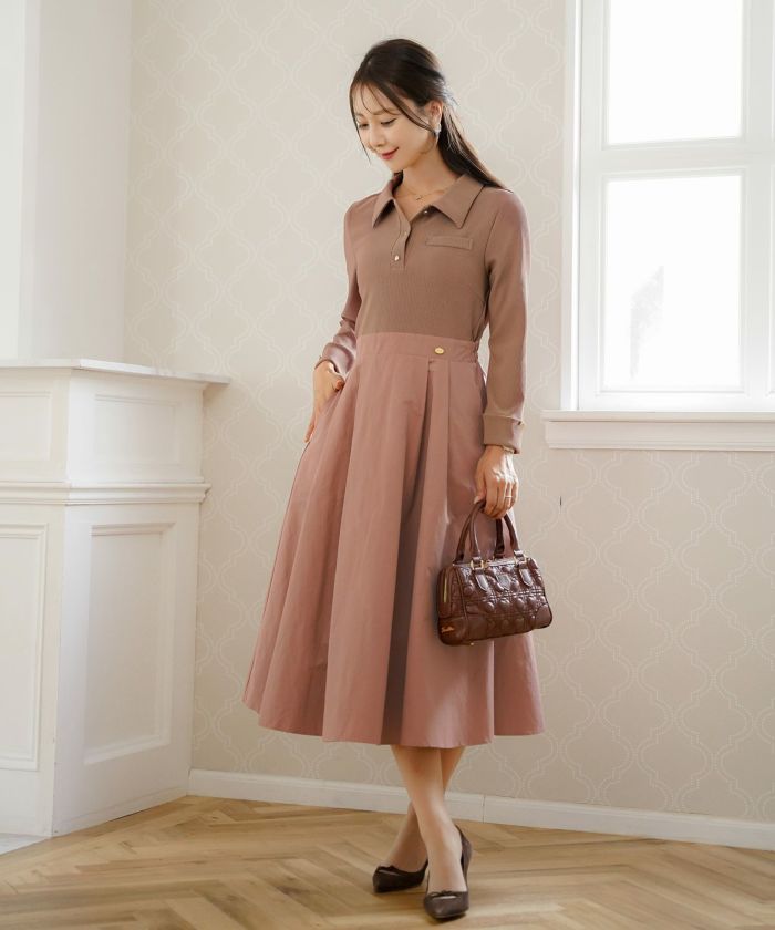 ランバンコレクション 美品 フェイクレザーワンピース 茶 ブラウン