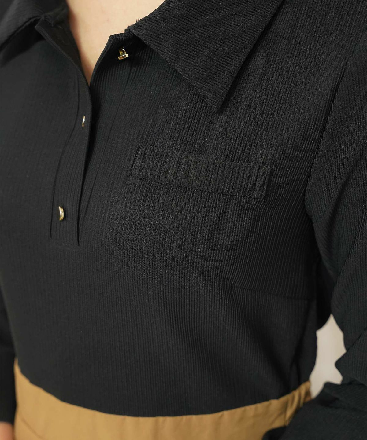 ワンピース フィット&フレア 長袖 カットソー タフタ 異素材 ドッキング 襟 ポロ フレア ゴムウエスト ポケット ブラウン モカ ピンク ブラック キャメル ネイビー 20代 30代 上品 エレガント フェミニン カジュアル  デイリー 配色