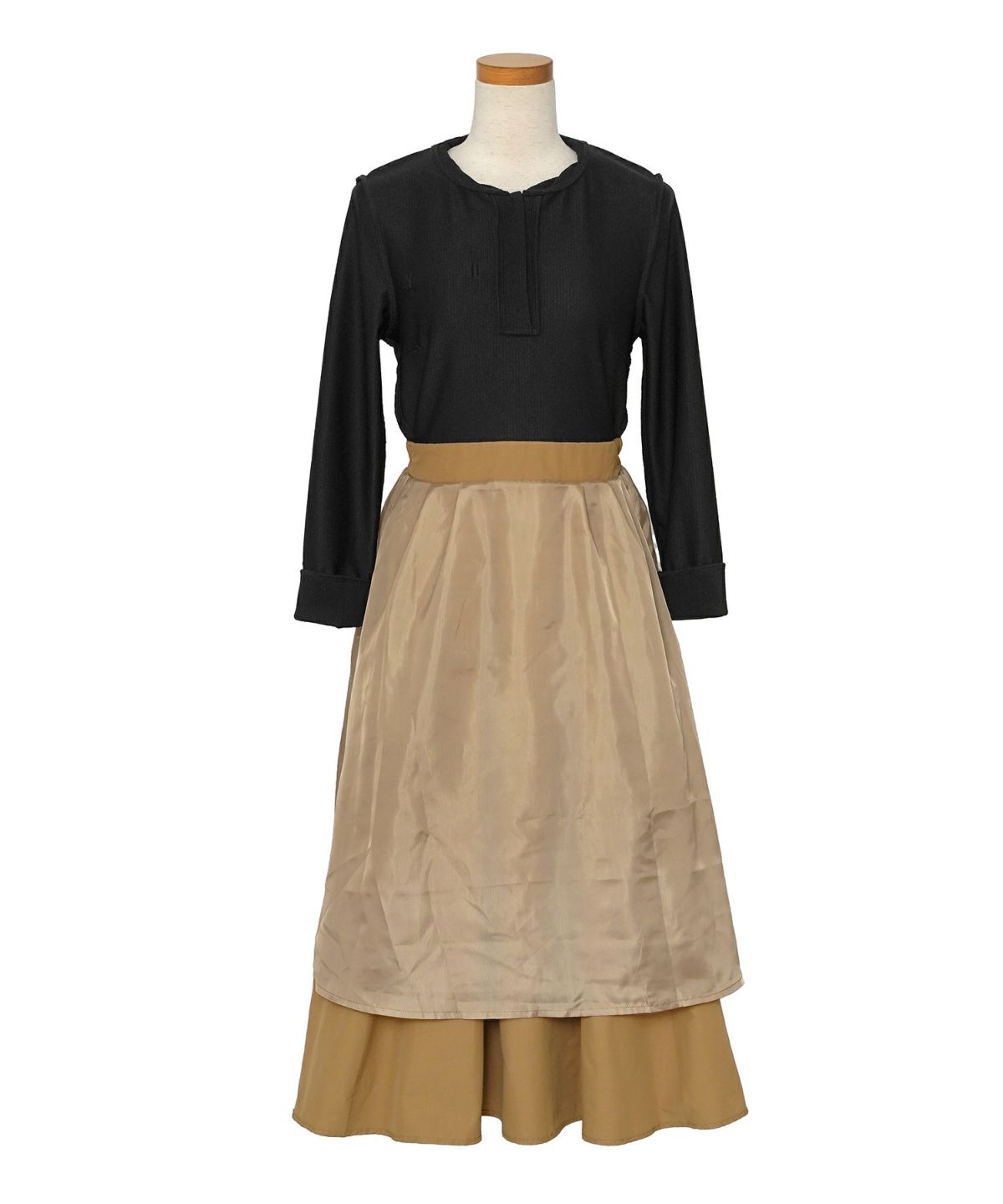 ワンピース フィット&フレア 長袖 カットソー タフタ 異素材 ドッキング 襟 ポロ フレア ゴムウエスト ポケット ブラウン モカ ピンク ブラック キャメル ネイビー 20代 30代 上品 エレガント フェミニン カジュアル  デイリー 配色