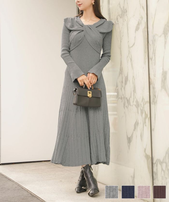 リボン オフショル風 ハイゲージ ニット ワンピース le reve vaniller