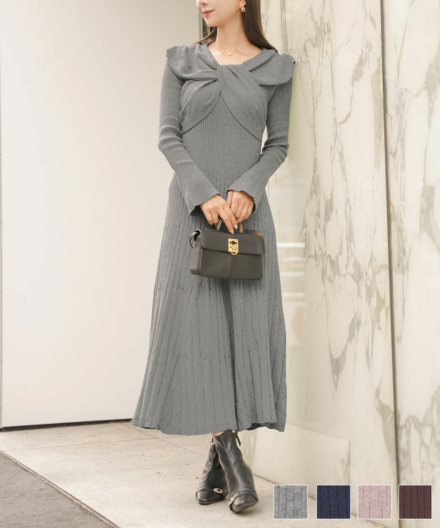 ワンピース ニット リボン オフショル 長袖 フレア袖 スリーブ ブラウン モカ ネイビー グレー きれいめ 楽ちん ディナー 食事会 女子会