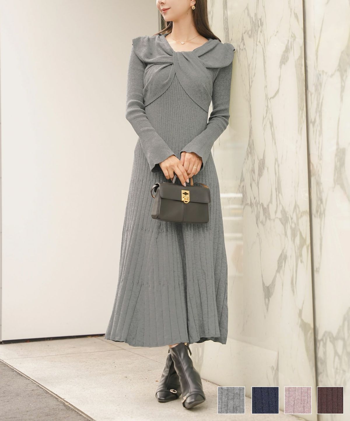 ワンピース ニット リボン オフショル 長袖 フレア袖 スリーブ ブラウン モカ ネイビー グレー きれいめ 楽ちん ディナー 食事会 女子会