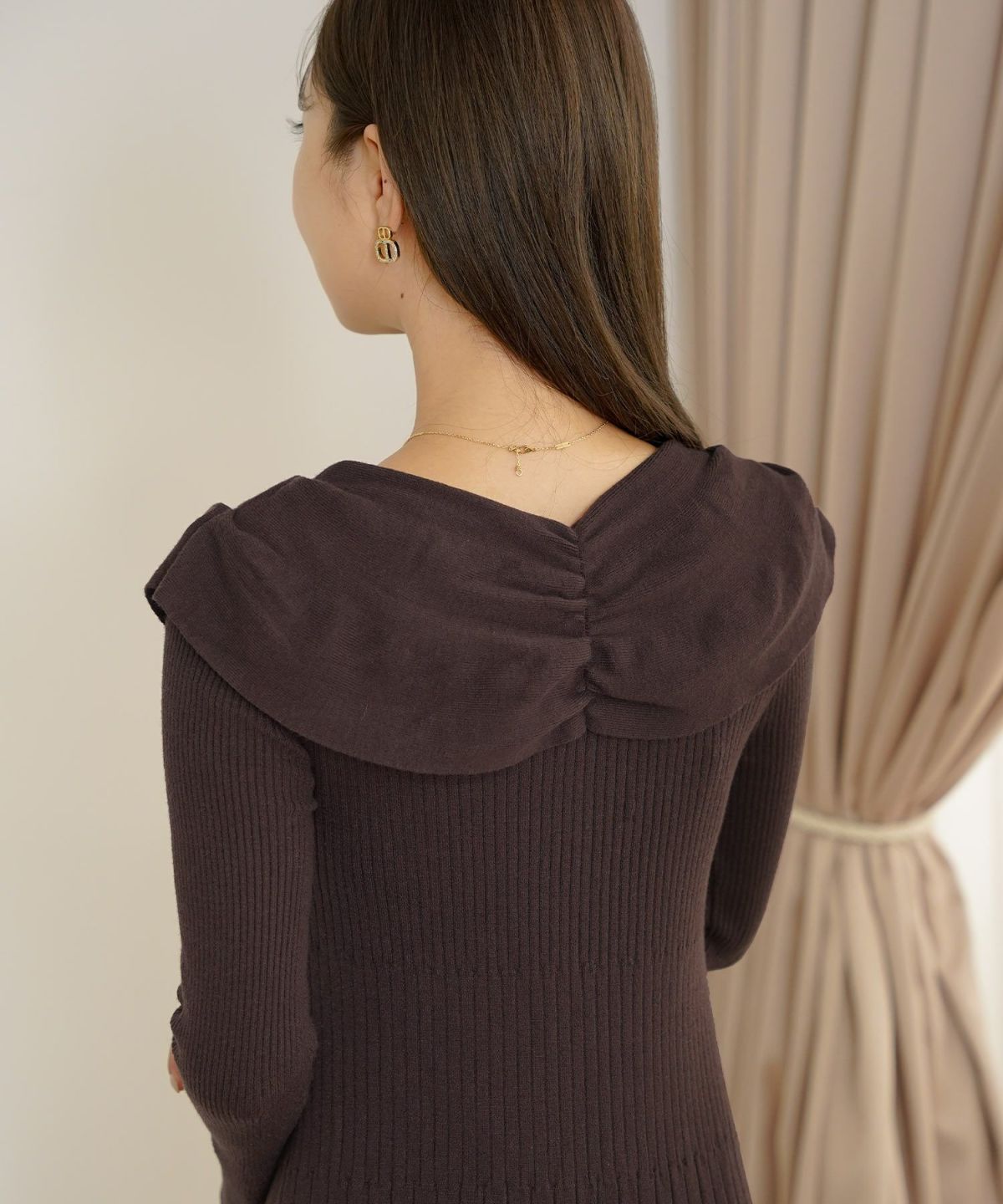 ワンピース ニット リボン オフショル 長袖 フレア袖 スリーブ ブラウン モカ ネイビー グレー きれいめ 楽ちん ディナー 食事会 女子会