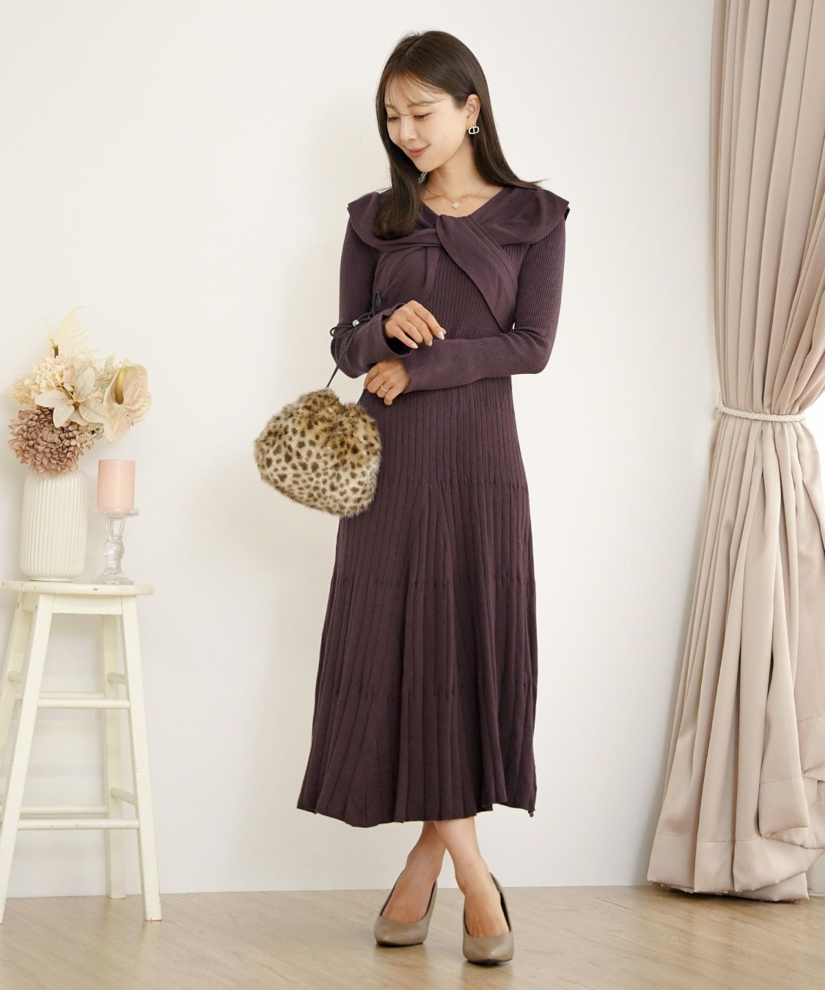 ワンピース ニット リボン オフショル 長袖 フレア袖 スリーブ ブラウン モカ ネイビー グレー きれいめ 楽ちん ディナー 食事会 女子会
