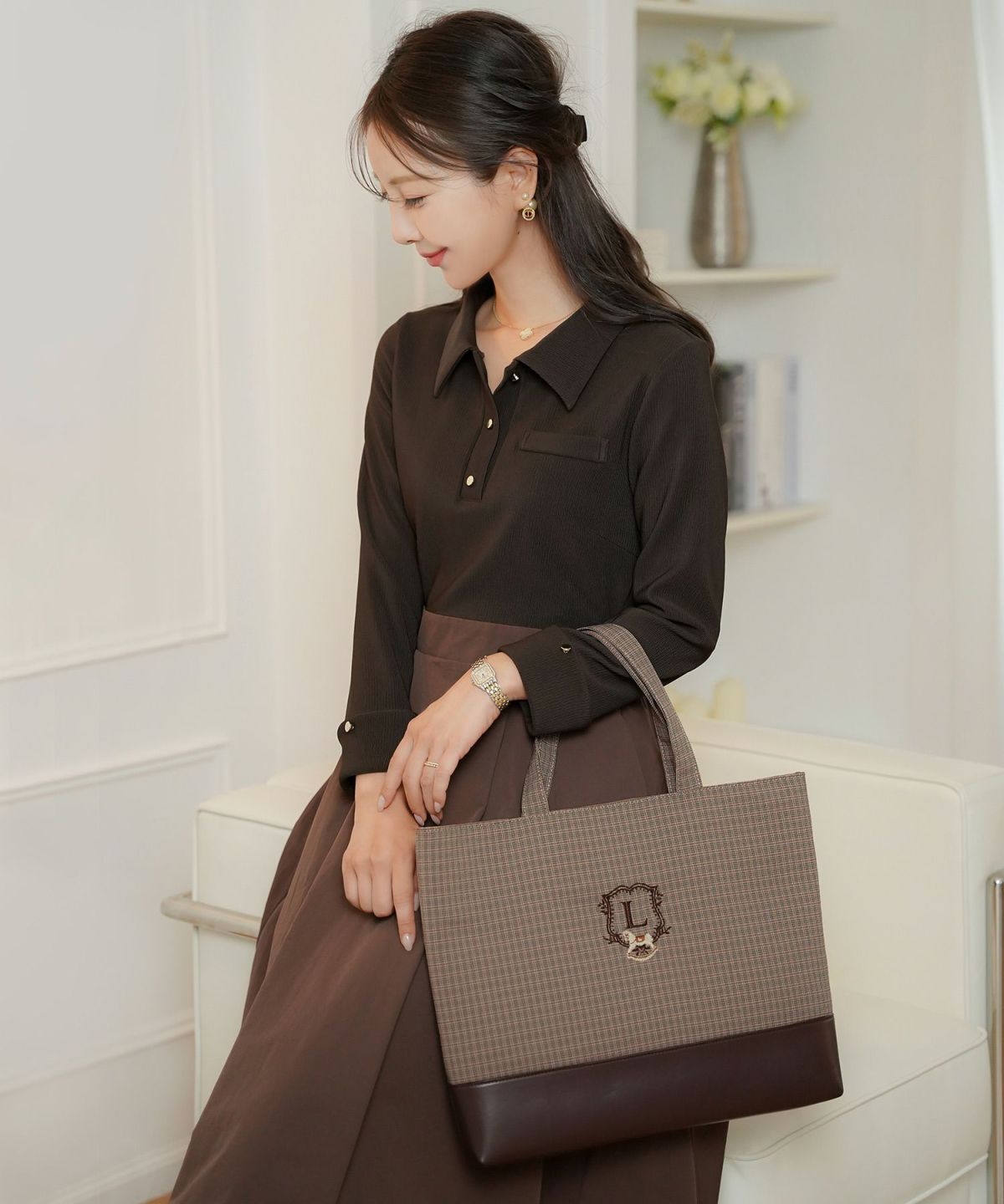 バッグ クラシカル カジュアル 学校行事 授業参観 トートバッグ ポーチ セット 木馬 エンブレム お揃い きれいめ オケージョン ネイビー グリーン ベージュ ブラウン