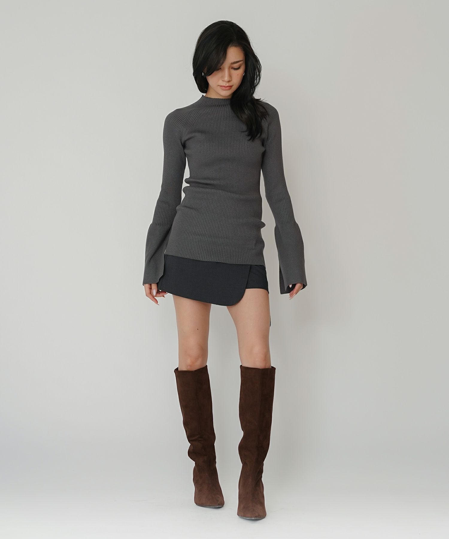 ミニスカート ショート丈 ミニボトム ウエストゴム 台形 タイトスカート 制服 韓国風 綺麗め 細見え カジュアル KINO THE KEI