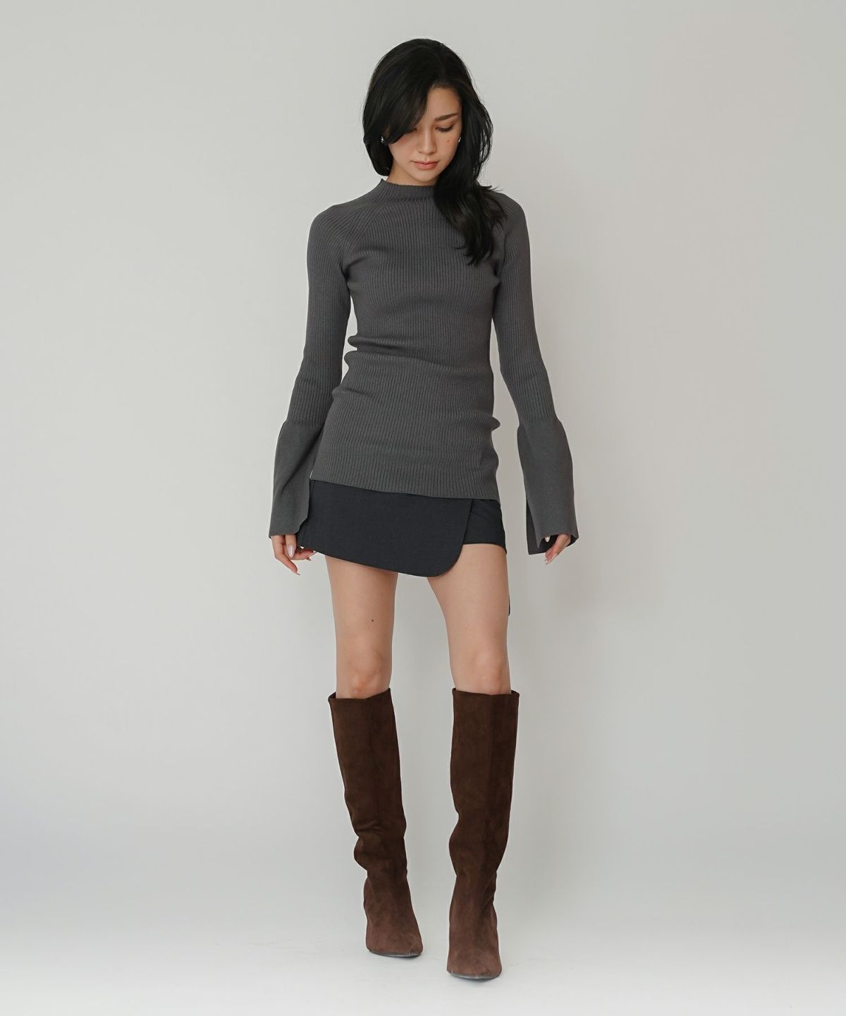 ミニスカート ショート丈 ミニボトム ウエストゴム 台形 タイトスカート 制服 韓国風 綺麗め 細見え カジュアル KINO THE KEI